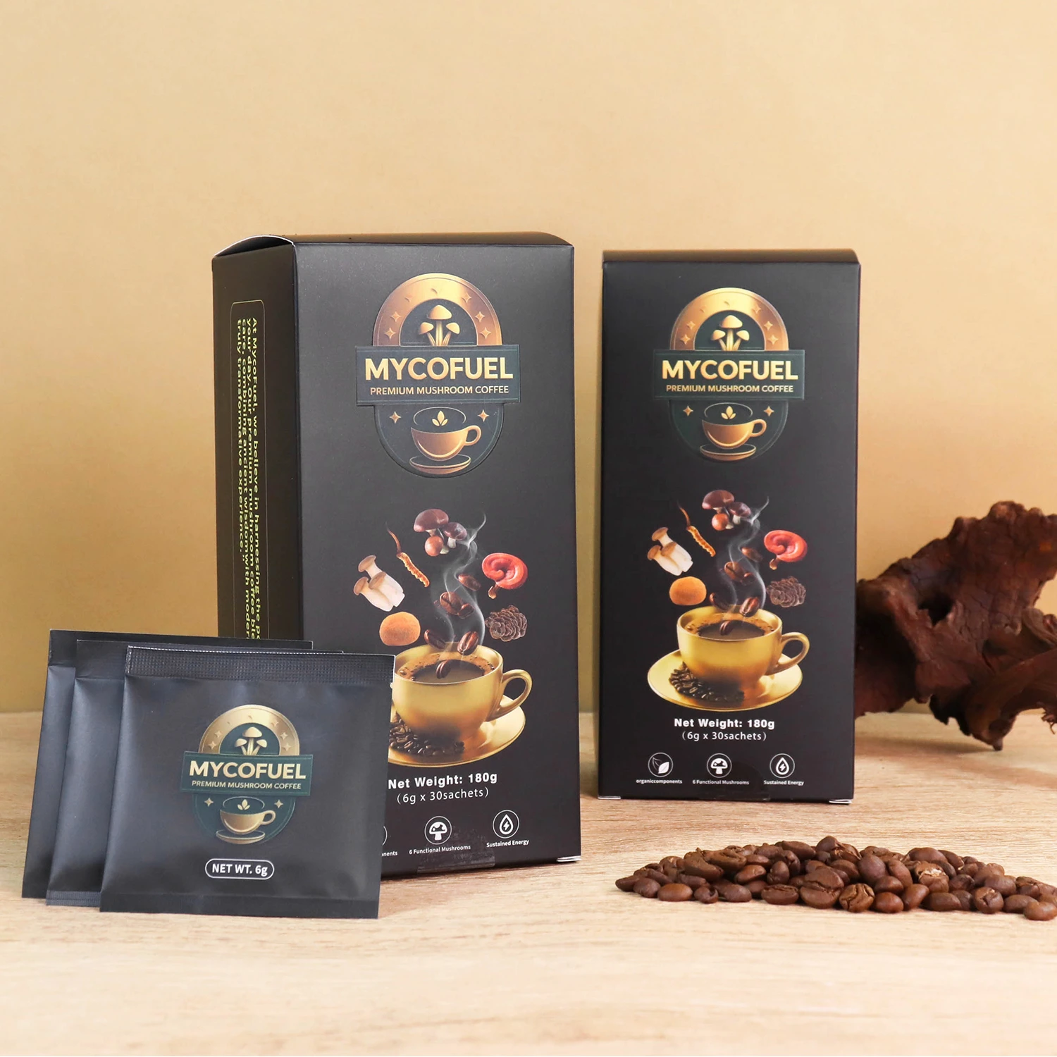 MycoFuel mushroom coffee boxes and sachets in black and gold packaging